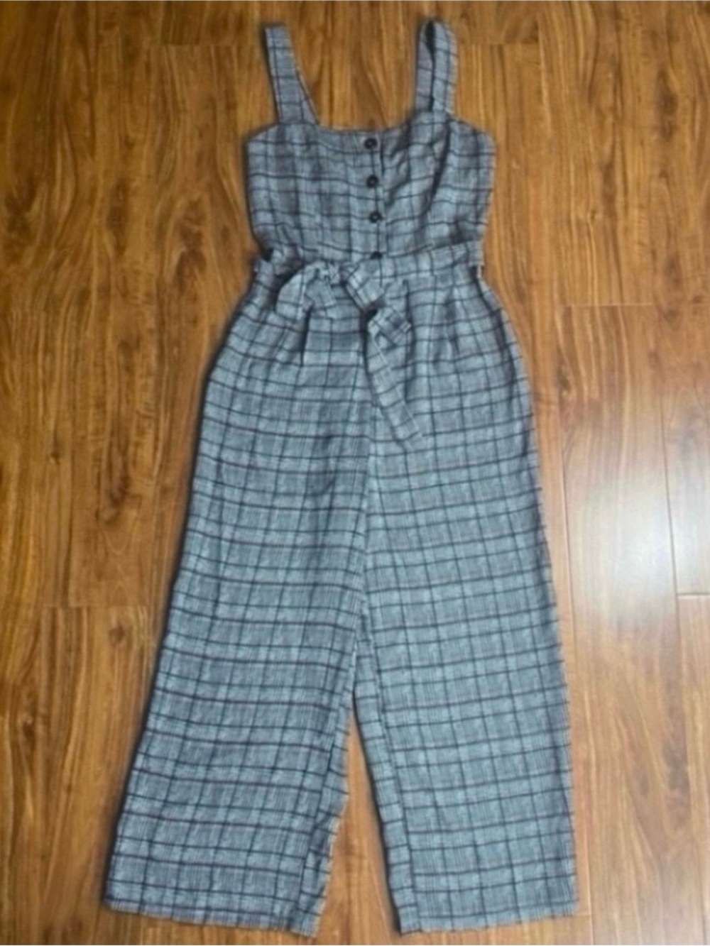 NWT New Candie's Juniors Gray Plaid Belt Crop Wide Leg Jumpsuit Size XS Academia